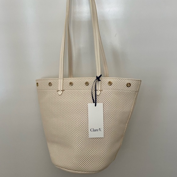 Clare V. Cream Perforated Leather Choupette Basket Tote Bag NEW NWT - Picture 3 of 7